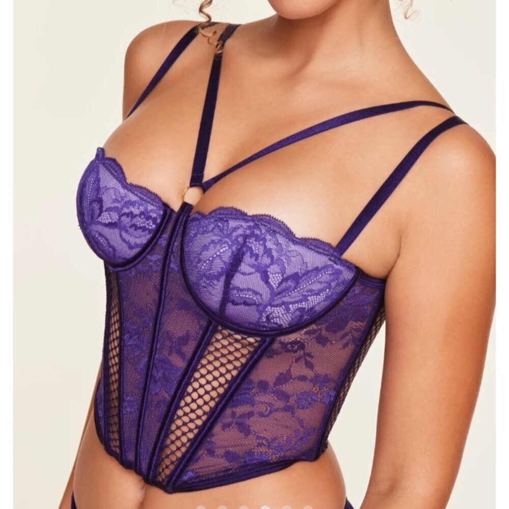 Adore Me Purple Lace Corset Bustier 36B Underwire Sheer Mesh Lingerie Top NWT